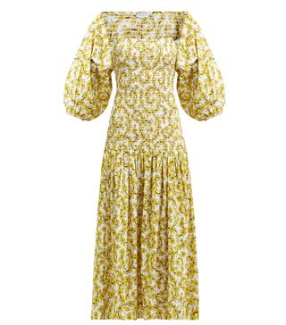 Rhode + Harper Shirred Floral-Print Cotton Midi Dress