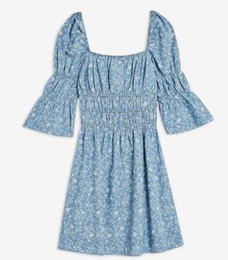 Topshop + Shirred Floral Print Denim Dress