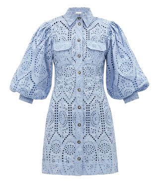 Ganni + Balloon-Sleeve Broderie Anglaise Mini Shirt Dress
