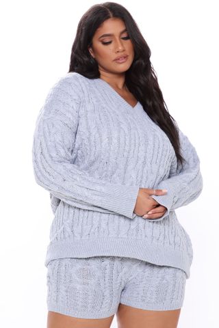 Fashion Nova + Keep Cuddling Sweater Short Set in Heather Grey