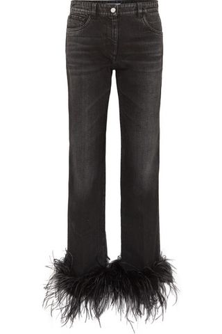 Prada + Cropped Feather-Trimmed Straight-Leg Jeans