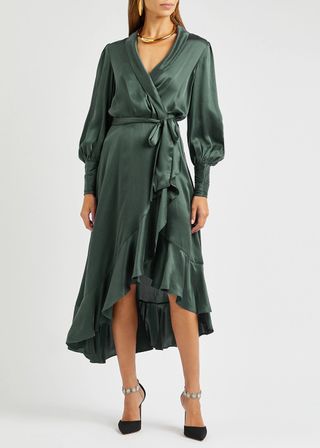 Zimmermann + Ruffled Silk-Satin Midi Wrap Dress