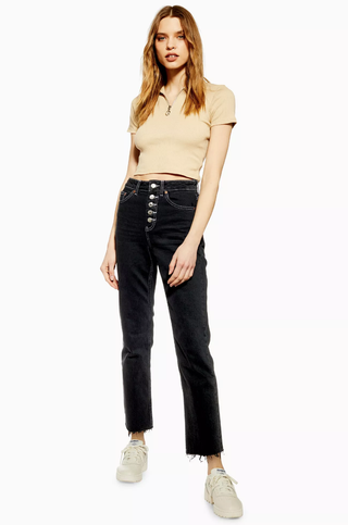 Topshop + Wash Black Buttonfly Straight Jeans
