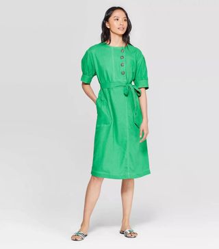 Who What Wear + Short-Sleeve Crewneck Front Button-Down A-Line Dress