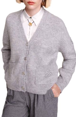 Maje + Clover Stud Wool & Mohair Blend V-Neck Cardigan