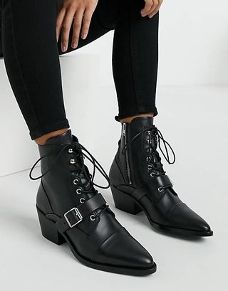 AllSaints + Katy Lace Up Heeled Leather Boots With Buckle in Black