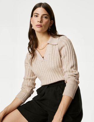 M&S + Cotton Rich Ribbed Collared Jumper
