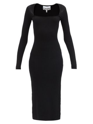 Ganni + Square-Neck Ribbed-Knit Midi Dress