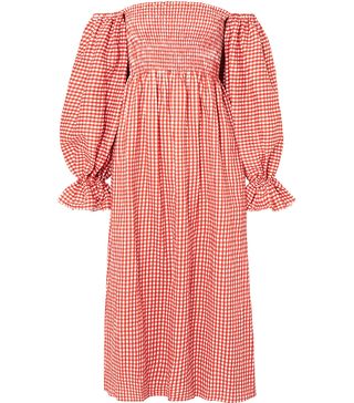 The Sleeper + Atlanta Off-the-Shoulder Shirred Gingham Linen Midi Dress