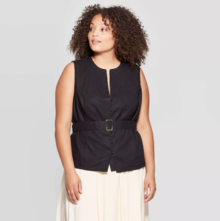 Who What Wear x Target + Sleeveless V-Neck Front Button-Down Belted Shirt