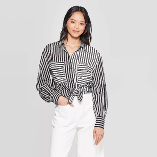 Who What Wear x Target + Striped Long Sleeve Double Pocket Button-Down Shirt