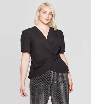 Who What Wear x Target + Short Sleeve Deep V-Neck Ruched Wrap Top