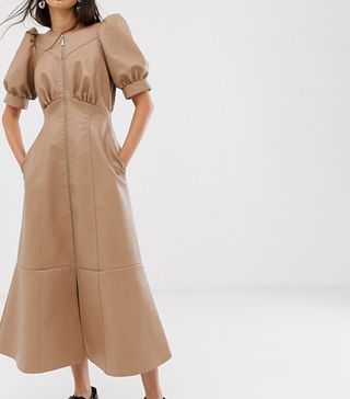 ASOS Design + Leather Look Puff Sleeve Zip Through Midi Dress