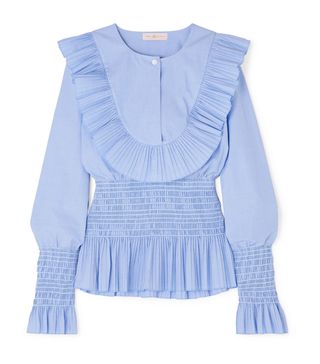 Tory Burch + Smocked Ruffled Cotton Blouse