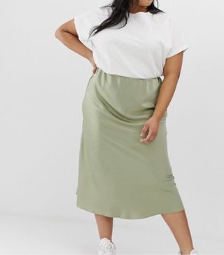 ASOS Design + Curve Bias Cut Satin Slip Midi Skirt