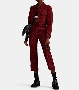 Alexander Wang + Belted Houndstooth Tweed Cuffed Crop Trousers