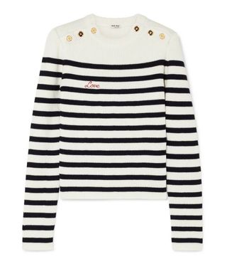Miu Miu + Embroidered Striped Ribbed Wool Sweater