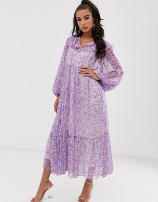 House of Stars + Maxi Floral Smock Dress with Tie Detail and Full Skirt
