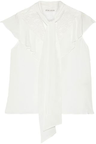 Alice + Olivia + Terry Tie-Neck Chantilly Lace-Paneled Silk Crepe de Chine Blouse