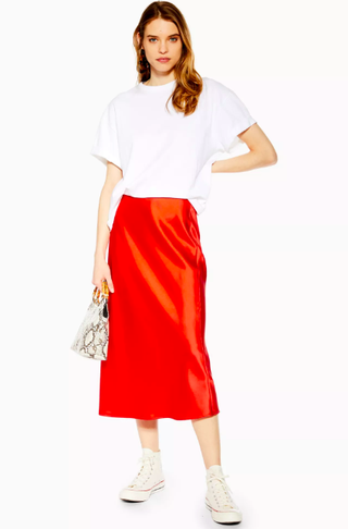 Topshop + Red Satin Skirt