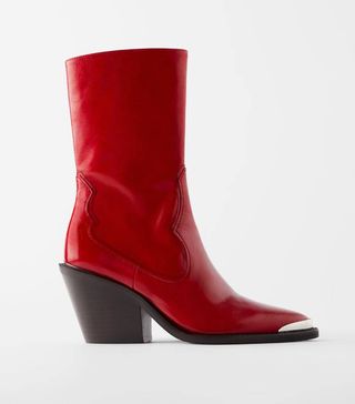 Zara + Leather Cowboy-Heel Ankle Boots With Metal Trim