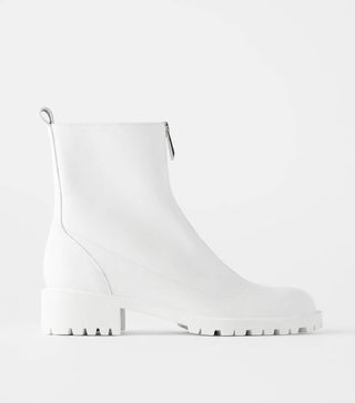 Zara + Flat Leather Ankle Boots With Zip