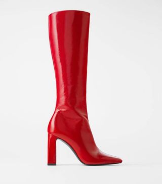 Zara + Leather High-Heel Boots With Patent Finish