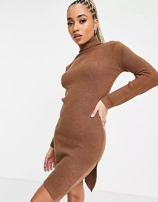 QED London + Roll Neck Knitted Mini Dress With Side Split in Brown