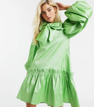Sister Jane + Oversized Mini Smock Dress With Volume Sleeves and Bow in Luxe Satin