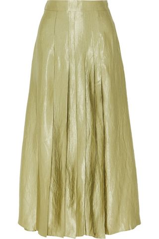Anna Quan + Sable Pleated Crinkled-Satin Midi Skirt