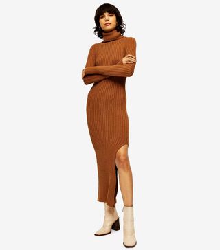 Topshop + Camel Knitted Roll Neck Dress