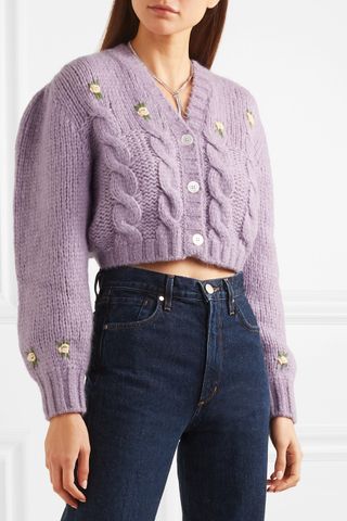 Alessandra Rich + Cropped Embroidered Cable-Knit Alpaca-Blend Cardigan