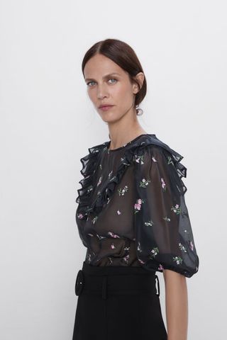 Zara + Printed Ruffled Blouse