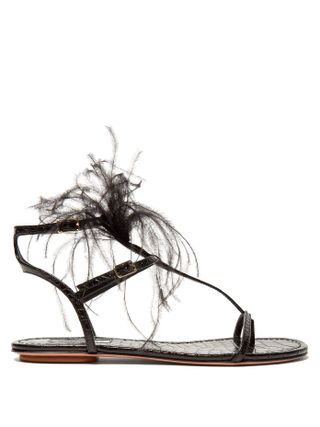 Aquazzura + Ponza Feather-Embellished Leather Sandals