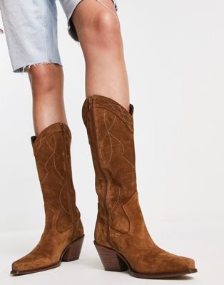 ASOS + Cactus Premium Suede Western Knee Boots in Tan