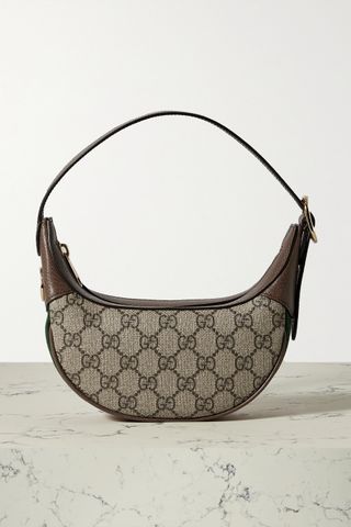 Gucci + Ophidia Webbing-Trimmed Textured-Leather and Printed Coated-Canvas Shoulder Bag