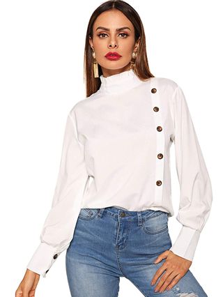 Floerns + High Neck Collar Button Front Blouse