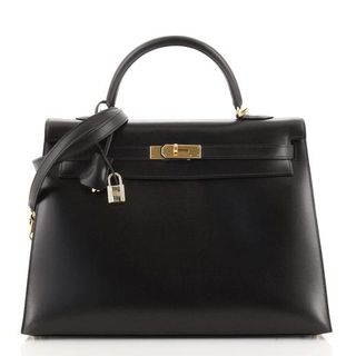 Hermès + Kelly Handbag Noir Box Calf With Gold Hardware 35