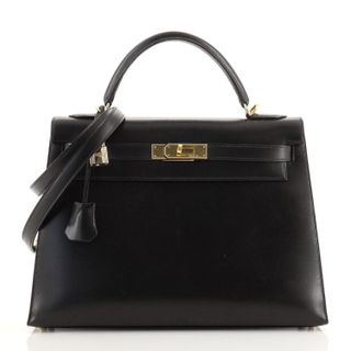 Hermès + Kelly Handbag Noir Box Calf With Gold Hardware 32