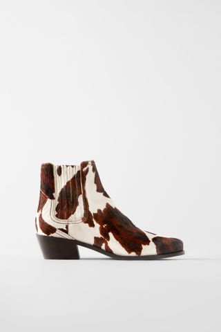 Zara + Leather Animal Print Heeled Cowboy Ankle Boots