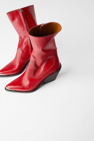 Zara + Leathed Heeled Cowboy Ankle Boots With Metal Detail