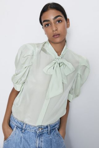 Zara + Tied Satin Blouse