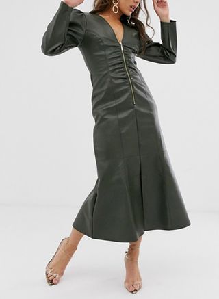 ASOS DESIGN + Leather-Look Zip-Through Midi Dress