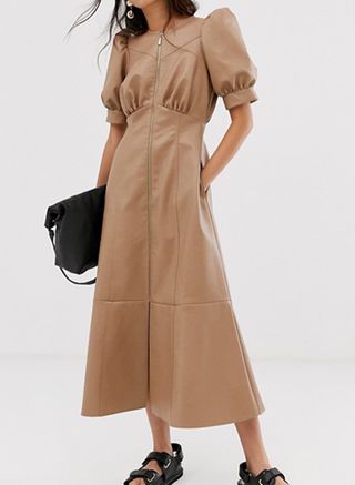 ASOS DESIGN + Leather-Look Puff-Sleeve Dress