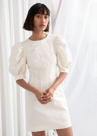 & Other Stories + Embroidered Cotton Dress With Puff Sleeves