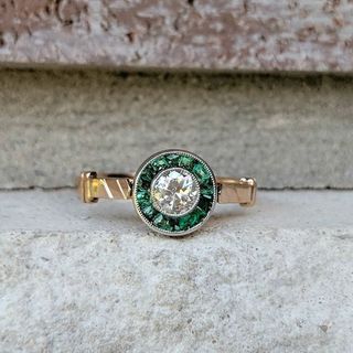 Vintage + Antique Art Deco Old European Cut Diamond Emerald Halo Engagement Ring