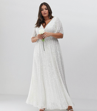 ASOS + Curve Flutter Sleeve Sequin Maxi Wedding Dress