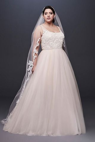 David's Bridal Collection + Lace and Tulle Plus Size Wedding Dress With Ribbon