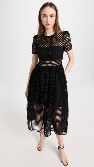 Self Portrait + Black Grid Lace Midi Dress