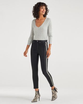 7 for All Mankind + B(air) High Waist Ankle Skinny with White Snake Side Stripe in Coated Black